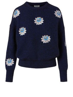 Kenzo Navy Crewneck Sweater with Floral Embroidery